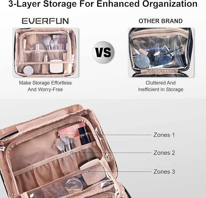 Everfun Hanging Travel Toiletry Bag for Women Traveling With Leakproof Compartment Makeup Cosmetic Organizer Dopp Kit Travel Accessories Essentials Must Have