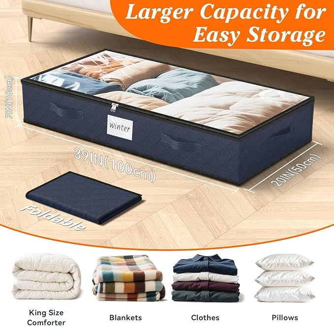 SpaceWhisper 90L Under Bed Storage Containers, 6-Pack Storage Bins with Clear Top, Foldable Closet Organizers and Storage with Label Holder for Clothing, Blankets, Comforter & Pillows(Blue)