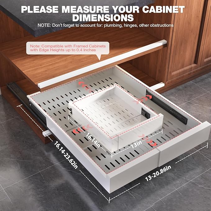 4 Pack Pull Out Cabinet Organizer Expandable Width(13"-21") and Depth(17"-24"),Slide Out Drawers With Raising Pad for Framed Cabinets,No Drill Roll Out Shelves for kitchen,Bathroom,White