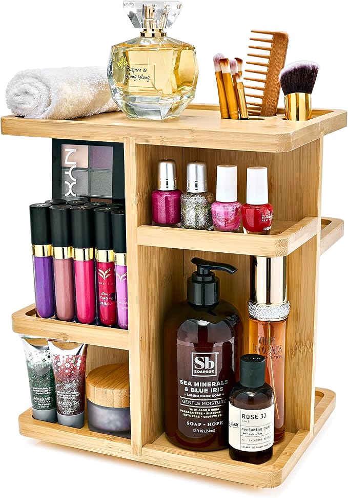 Sorbus 360° Makeup Organizer - Bamboo Wood Make Up Storage Carousel for Cosmetics, Skin Care Rotating Makeup Organizer for Vanity, Bathroom Storage