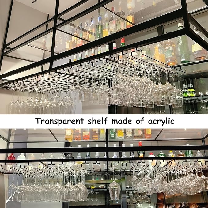 47.2IN Acrylic Ceiling Wine Glass Rack with Transparent Shelves, Hanging Wine Rack with Glass Holder and LED lights, 2 Layer Ceiling Bottle Holder Shelf for Bar Kitchen Decorate (47.2in/120cm)