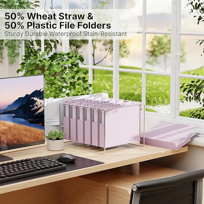 Letter Size Hanging File Folder Extra Capacity,Heavy Duty 1'' Expansion,Wheat Straw Plastic Filing Cabinet Folders,12 Pack Reinforced Morandi Purple File Organizer for File Frame File Box