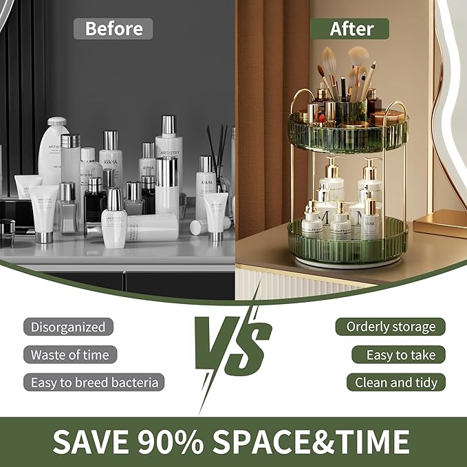 YCIA&DONE Rotating Makeup Organizer for Vanity, Large Capacity Make Up Storage Skin care Shelf Perfume Holders Cosmetic Dresser Organizer Countertop Spinning 360 (Vintage Green, 1Tier)