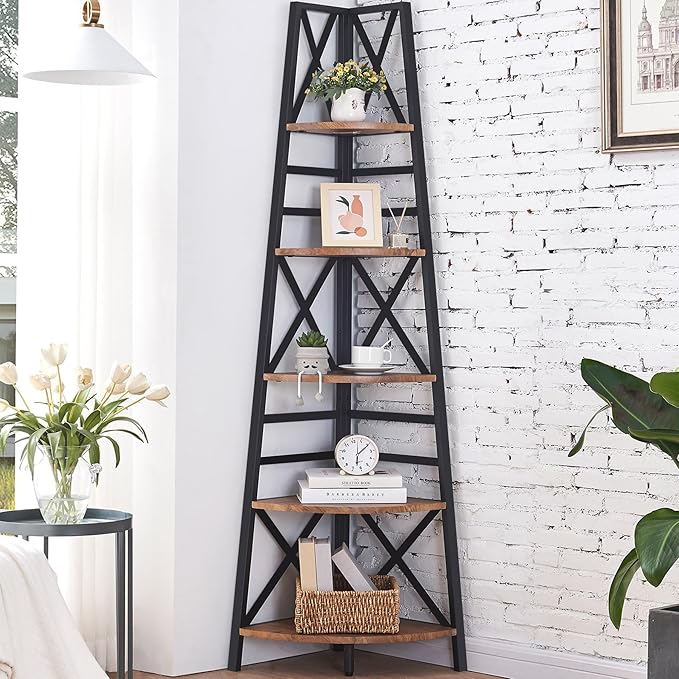 HOMBAZAAR 72 Inch Tall Corner Shelf, 5 Tier Corner Ladder Bookshelf, Tall Corner Bookcase with Metal Frame, Rustic Shelf Stand for Living Room, Bedroom, Office, Rustic Brown