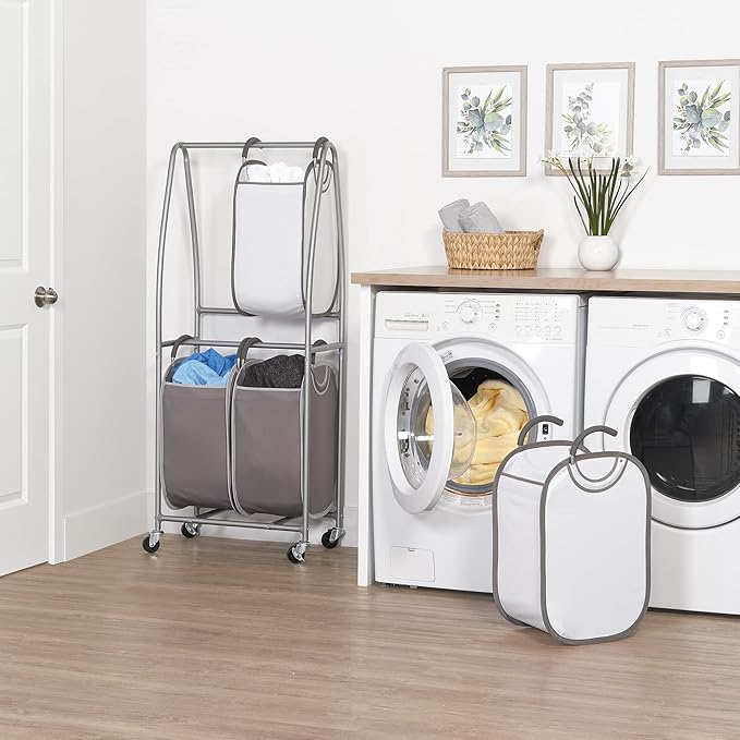 Neatfreak - 2 Tier Vertical Rolling Laundry Cart - Rolling Storage Cart On Wheels With 4 x Tote Hampers For Laundry, Towels, Blankets & Bathroom Organization - Quad Laundry Sorter