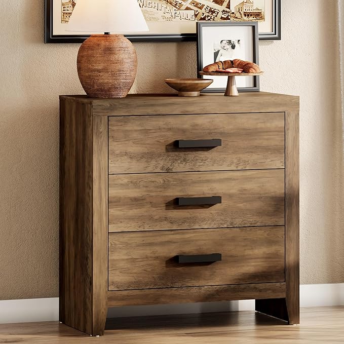WAMPAT Farmhouse 3 Drawer Nightstand Set of 2, Large Wood Bedside Tables, 32" Wide End Tables with Storage for Living Room, Bedroom, Hallway, Brown