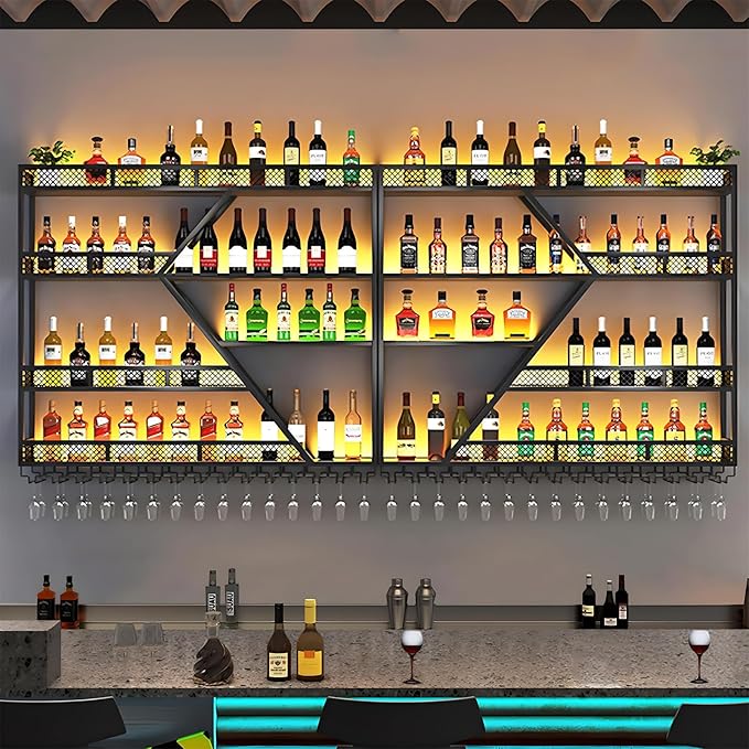 79inch Metal Wine Rack Wall Mounted, Modern Wine Storage Rack Wall Mounted with Wine Glass Holder, Liquor Shelf, Bar Shelves for Liquor Bottles (4 Tiers Black, 79 * 7.87 * 48.5INCH)