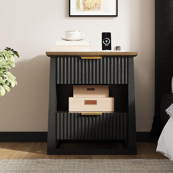 HIFYOBRO Fluted Nightstands Set of 2 with Charging Station & Motion Sensor Light, Modern Bedside Tables with 2 Drawers and Storage Shelf for Bedroom, Black