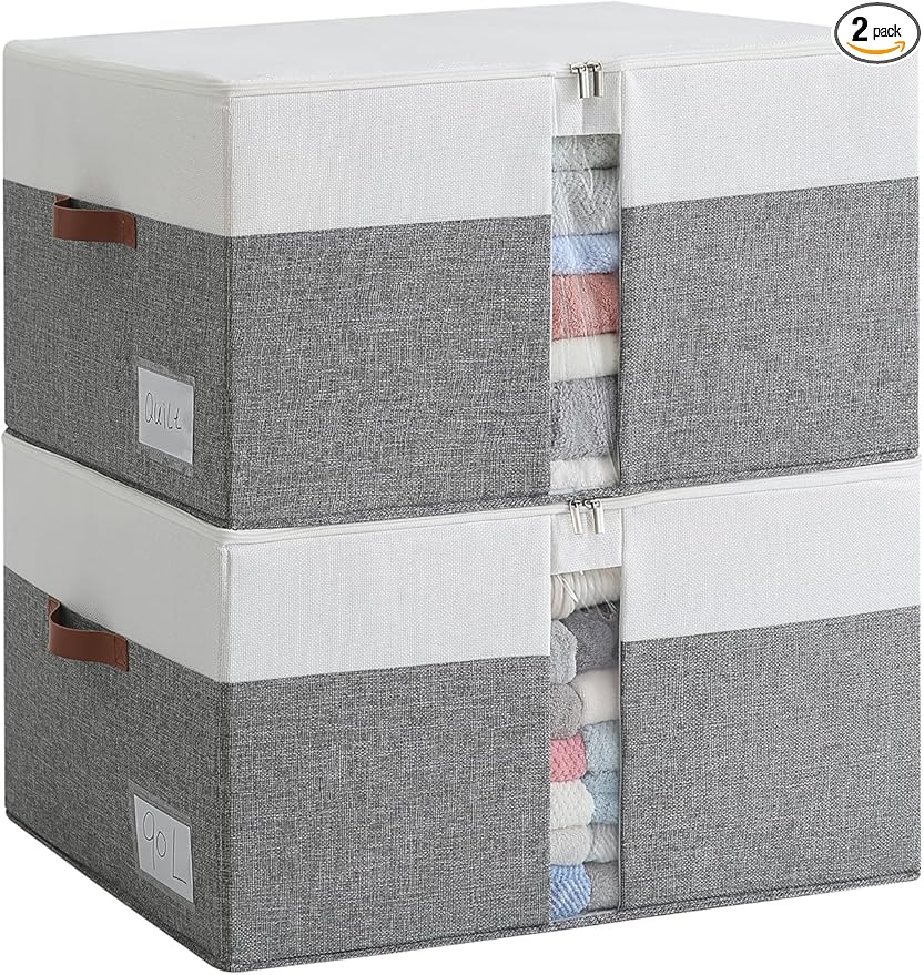 Reinforced LARGE Blanket Storage Baskets with Lids, 2 Packs Stackable Comforter Storage Bag with Clear Window & Handles, Clothes Organizer for Closet,King/Queen Comforters Quilt Duvet