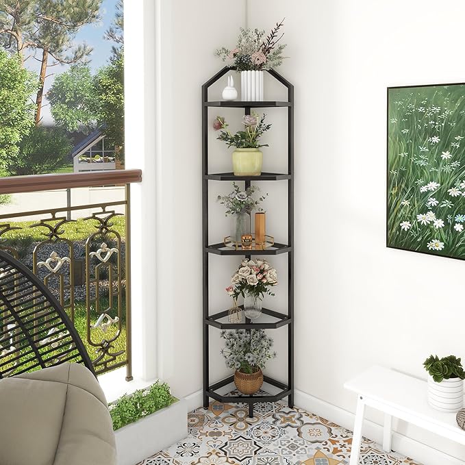 5-Tier Corner Shelf Stand, Black Corner Bookshelf, Bathroom Storage Rack Shelf, Plant Rack, Tempered Glass, Steel Frame, Modern Style for Living Room, Bathroom, Kitchen, Metallic Black