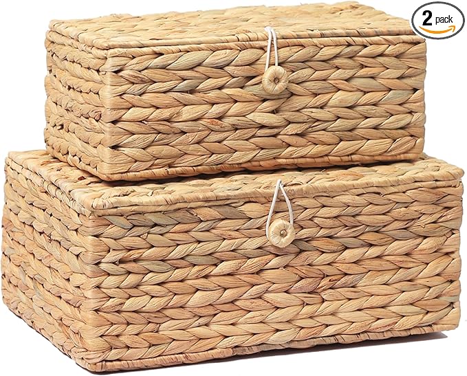 Set of 2 Rectangular Wicker Storage Bins with Lid, Rattan Basket Decorative Boxes, Multipurpose Organizer Display Boxes for Shelf Organizer, Boho Rattan Box for Home Decoration