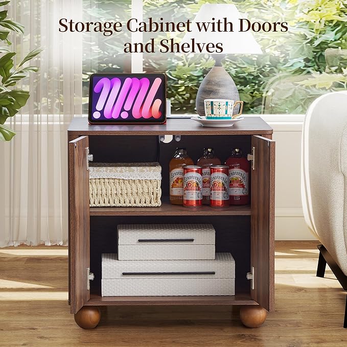 Bed Side Table Set of 2 with Charging Station, Mid Century Modern Nightstand with 2 Doors, Square End Table with Storage for Couch,Living Room, Sofa Side Table for Office,Dorm - Walnut