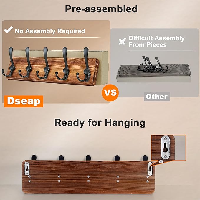 Dseap Coat Rack Wall Mounted - 5 Tri Hooks, Heavy Duty, Wooden Wall Coat Hanger Coat Hook for Clothes Hat Jacket Clothing, Natural & Black