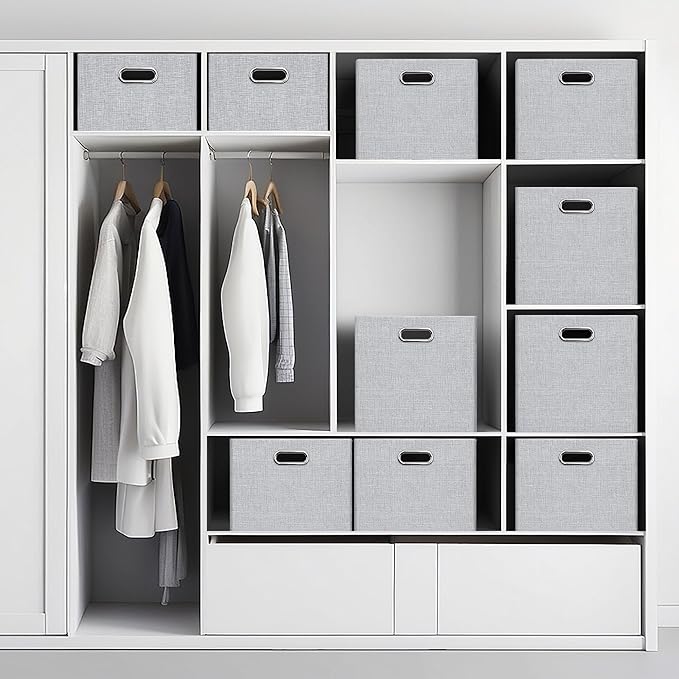 Posprica 15.12"x12.13"x12.01" Storage Cube Bins, Linen Decorative Closet Storage Organizer for IKEA Kallax, 4 Pack Fabric Foldable Large Storage Baskets for Closet, Shelves, Clothes, Toy(Grey)