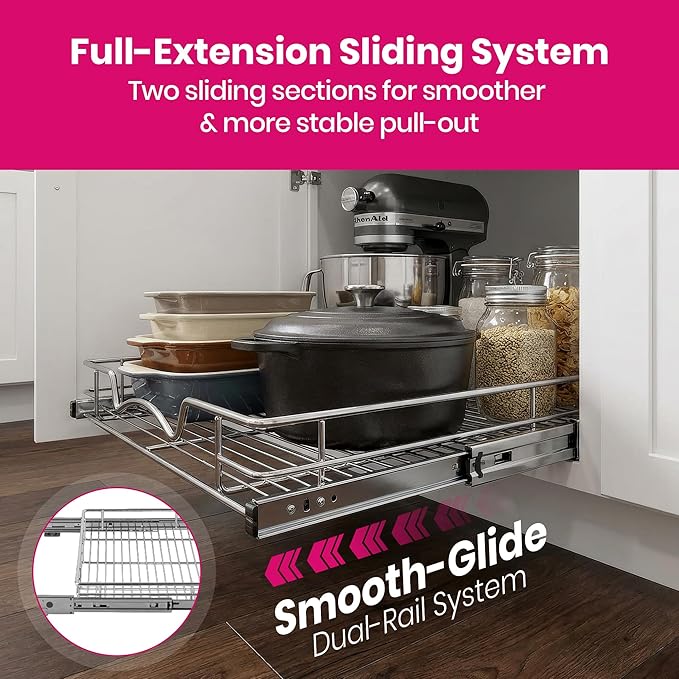 HOLDN’ STORAGE Pull Out Cabinet Organizer, Heavy Duty Caddy w/Lifetime Limited Warranty -24”W x 21”D - Requires At Least 25-1/4” Cabinet Opening, Steel Metal Cabinet Drawers Slide Out, Chrome