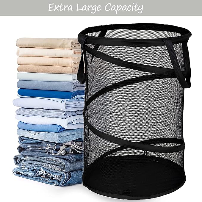 BATTOO Black X-Large Collapsible Laundry Basket Foldable Mesh Pop Up Hamper with Handles for Laundry Room, Bathroom, Kids Room, College Dorm, Travel, Camping, Gift Basket