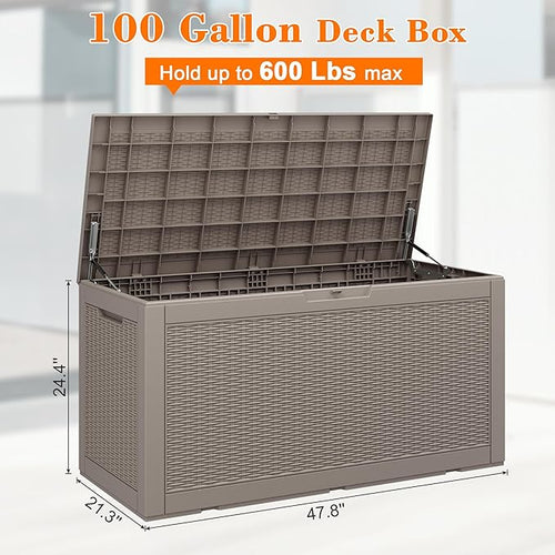 100 Gallon Outdoor Storage Box Waterproof, Resin Deck Box Doubles as 2-Person Bench Seat, Lockable Patio Storage Boxes Outdoor Waterproof for Furniture, Gardening Tools, Grey