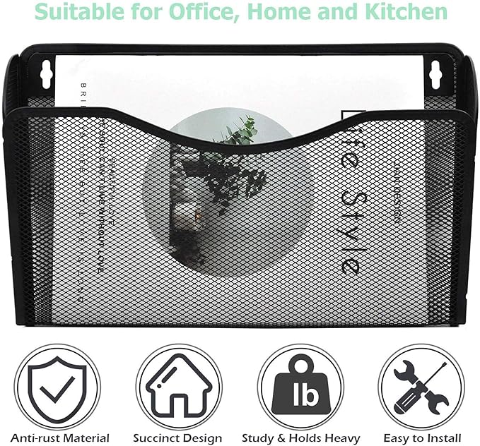 EASEPRES 3 Single Pocket Mesh Hanging File Organizer, Vertical Wall Mounted Magazine File Holder, Mount Basket Mail Paper Document Folder Organizing for Office, Home and School, Black