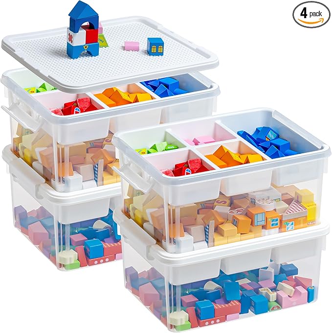 Citylife 17 QT Storage Bins with Building Baseplate Lid and Removable Tray Large Plastic Storage Bins Lego Organizers and Storage Bead, Tool, Sewing, 4 Packs