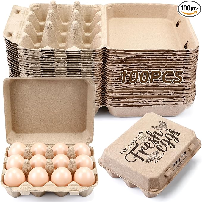 Zhanmai 100 Pack Egg Carton Bulk 12 Chicken Duck Egg Carton Vintage Printed Farm Fresh Crate with 3 x 4 Holds Recycled Paper Cardboard Sturdy Reusable Box Holder(Retro Style)