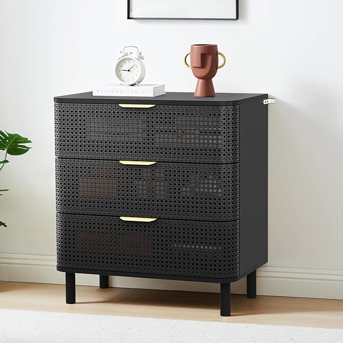 ORRD 3 Drawer Dresser Set of 2, Modern Iron Rattan Cabinet Dresser for Bedroom, Large Nightstand Accent Storage Chest of Drawers for Living Room, Bedroom - Black