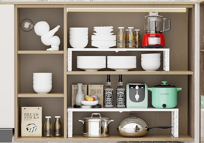 Expandable Stackable Spice Rack Organizer for Kitchen Cabinet,Adjustable Counter Shelf, countertop, Pantry,Cupboard,Bathroom,Bedroom(1Pack/White/Large)