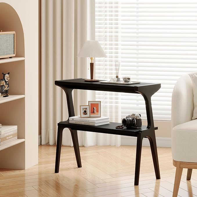 Solid Wood End Table, 2-Tier Side Table with Storage Shelf, Wooden Modern Accent Slim Bedside Table for Sofa, Living Room, Bedroom, Small Space, Easy Assembly, Black