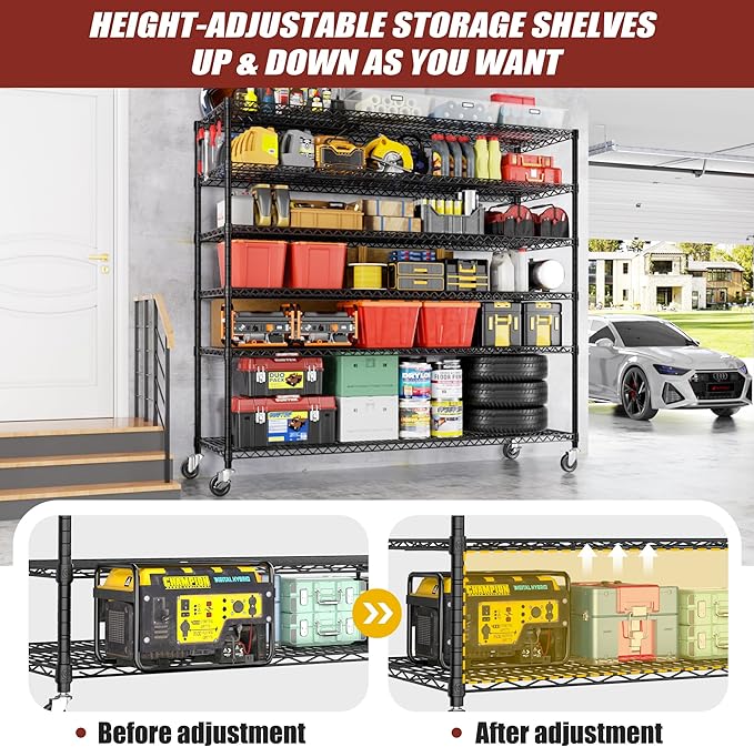 PrimeZone 6 Tier 80.7" H x 55.5" W x 24" D Wire Shelving with Wheels 3600lbs NSF Certified Storage Shelves Heavy Duty Metal Shelf Adjustable Rolling Rack Commercial Garage Restaurant Warehouse 4pcs