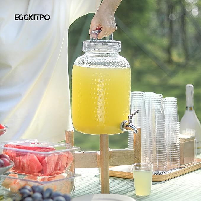 EGGKITPO 2.2 Gallon Drink Dispensers with 304 Stainless Steel Spigot for Parties Lemonade Dispenser with Wood Bracket Clear Cover Polycarbonate Beverage Dispenser for Home Use