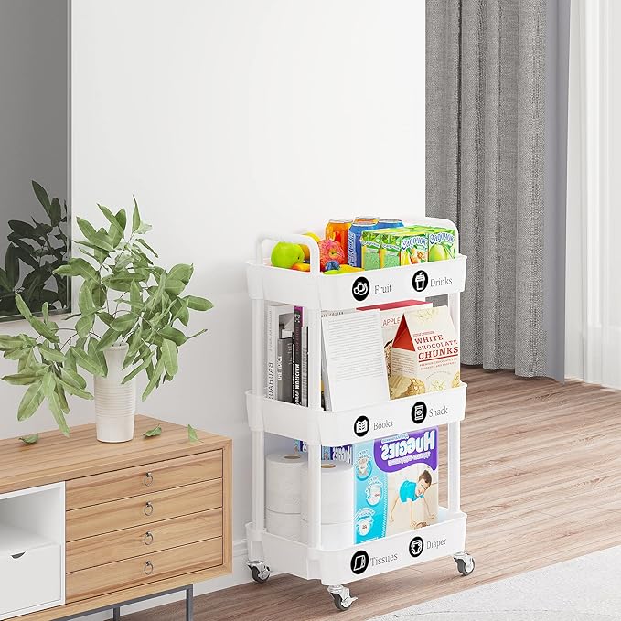 Laiensia 3-Tier Rolling Cart with Wheels,Multifunction Utility Storage Carts, Kitchen Storage Organizer,Mobile Shelving Unit for Bathroom,Laundry,with Classified Stickers,White