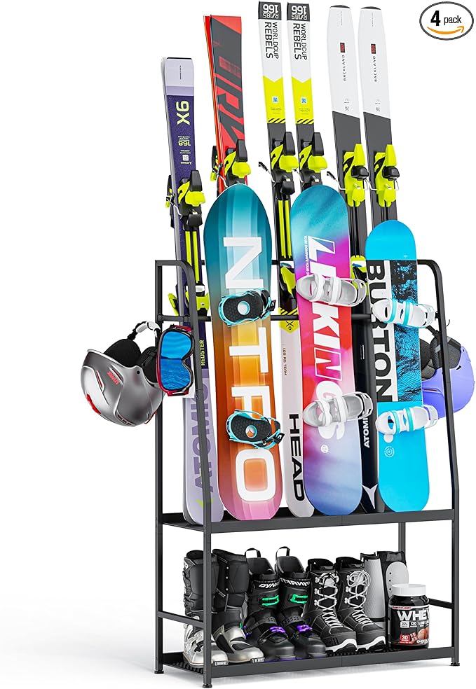 Ski Rack for Garage,Freestanding Snowboard Rack for Ski,Snowboard, Ski Boot, Ski Poles, Goggles, Helmet and More, Heavy Duty Steel Floor Stand Ski Organizer for Garage Basement