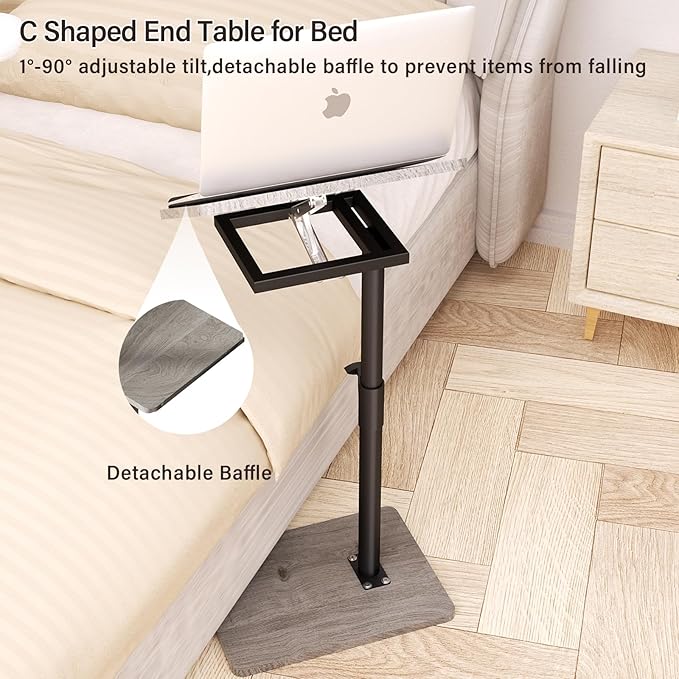 Sofa Armrest Tray Table for Couch - 360° Swivel Height Adjustable End for Small Spaces, Snack Side Table for Bed or Chair with Phone & Tablet Slot (Gray,Angle Adjustable)