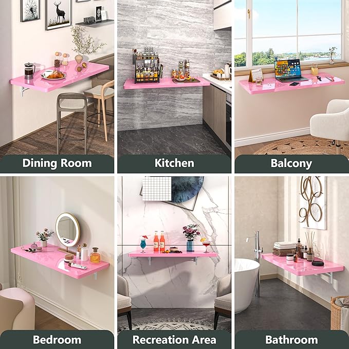 Clikuutory Wall Mounted High Gloss Folding Table, Wall Desk Fold Down for Small Spaces, Folding Workbench for Laundry Room, Home Office, Kitchen, Bedroom, Home Bar, Pink (47.2"×19.7")