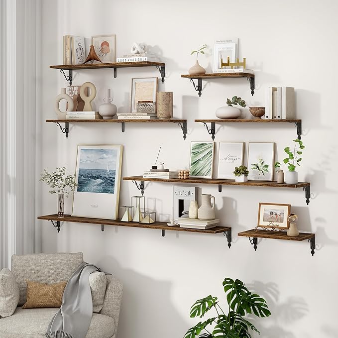Fun Memories 55 Inch Floating Shelves, Long Floating Shelves Wall-Mounted, 8 Inch Deep Bookshelf with Bracket, 55" W x 8" D Shelves for Wall Display & Storage, Rustic Brown, Set of 2