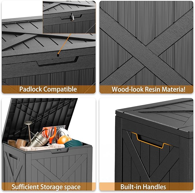 32 Gallon Resin Deck Box, Lockable Outdoor Storage Box for Patio Cushions Storage Furniture,Garden Tools, Pool Supplies, Weatherproof and UV Resistant（Black X）