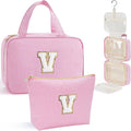 YOOLIFE Travel Toiletry Bag for Women - Hanging Toiletry Bag Makeup Bag, Portable Toiletries Cosmetic Bag, Airplane Travel Essentials - Letter V, Pink