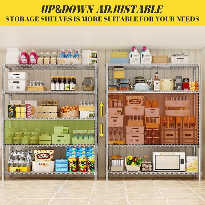 Storage Shelves, 4 PCS 48" L x 20" W x 72" H Heavy Duty Garage Wire Shelving Unit Loads 2000LBS, 5-Tier Adjustable Metal Industrial Utility Shelf Rack for Kitchen, Laundry Room, Basement