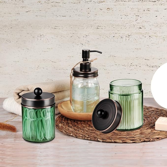 Amolliar Sage Green Qtip Holder, Glass Apothecary Jar Metal Lid & Stickers, Bathroom Qtip Holder Storage Canister, Farmhouse Decor for Cotton Balls, Swabs, Makeup Pads, Bath Salt, Floss, ORB 4 Pack