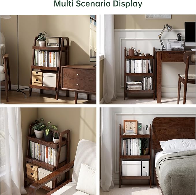 100% Solid Oak 3 Tier Ladder Shelf for Saving Space, Tall Nightstand with Stable Frame for Bedroom, Small Side Table for Living Room Office(Walnut, 13.4" L x 25.6" W x 36.2" H)