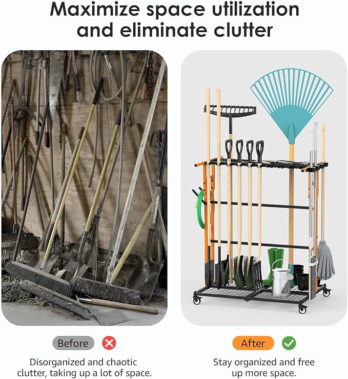 CCCEI Garage Organization with Wheels, Outdoor Gargen Yard Shed Tools Organizer Cart, Home Storage for Cleaning Supplies, Broom Holder, for Shovel and Rake, Long Farming and Farming Tools, Orange.