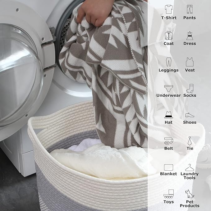 Sea Team Oval Large Cotton Rope Woven Storage Basket with Handles, Diaper Caddy, Baby Shower Basket, Nursery Nappies, Clothes Toys Organizer for Kid's Room, 16 x 13 inches, White & Navy