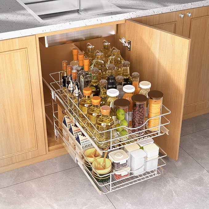 2 Tier Pull Out Cabinet Organizer,(11½"W x 22" D) Soft Close Slide Out Drawer For Kitchen Base Cabinet, Individual Pull Out Shelf, Roll Out Pantry Organization, 22 Inch Deep