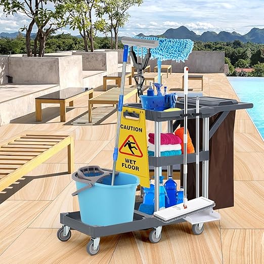 Commercial Housekeeping Utility Cart, Janitorial Cleaning Carts On Wheels, Janitorial Cart with Cover and Vinyl Bag, 3 Shelf Service Carts for Hotel/Stores/Restaurants/Hospitals/Schools/Business