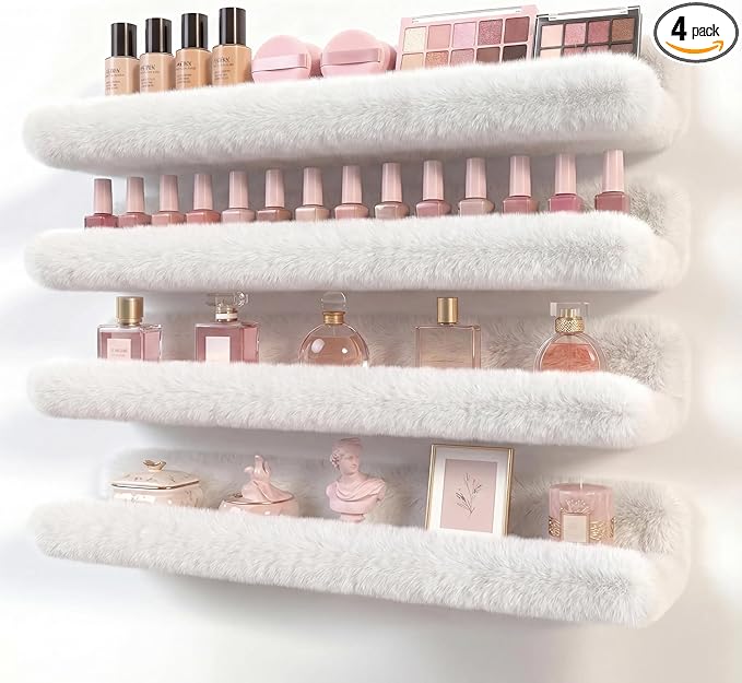 Care&More YJ 15 Inch Nail Polish Shelves, 4-Pack Fluffy Nail Polish Rack for Storing Nail Bottles, Sunglasses, Essential Oils, Plush Soft White