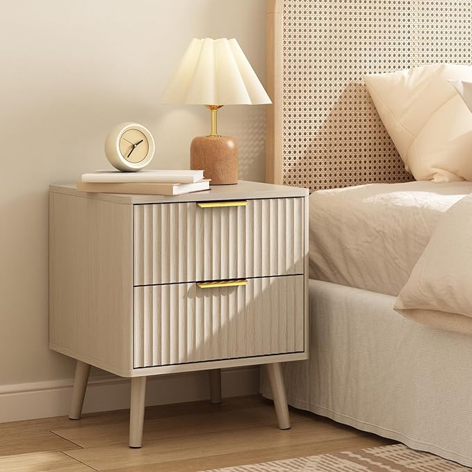 CARPETNAL Fluted Nightstand Set of 2, Beige Bedside Table with 2 Drawers and Gold Handles, Wood End Table Mid Century Night Stands for Bedroom Living Room