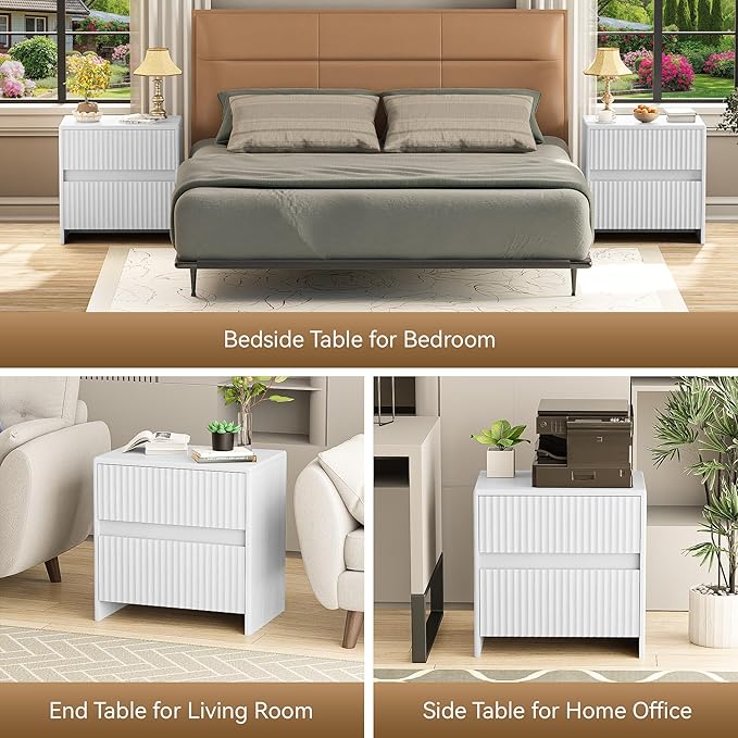 White Nightstand Set of 2, 23" Wood Bedside Table with 2 Storage Drawers, Modern Night Stand for Bedroom, Office