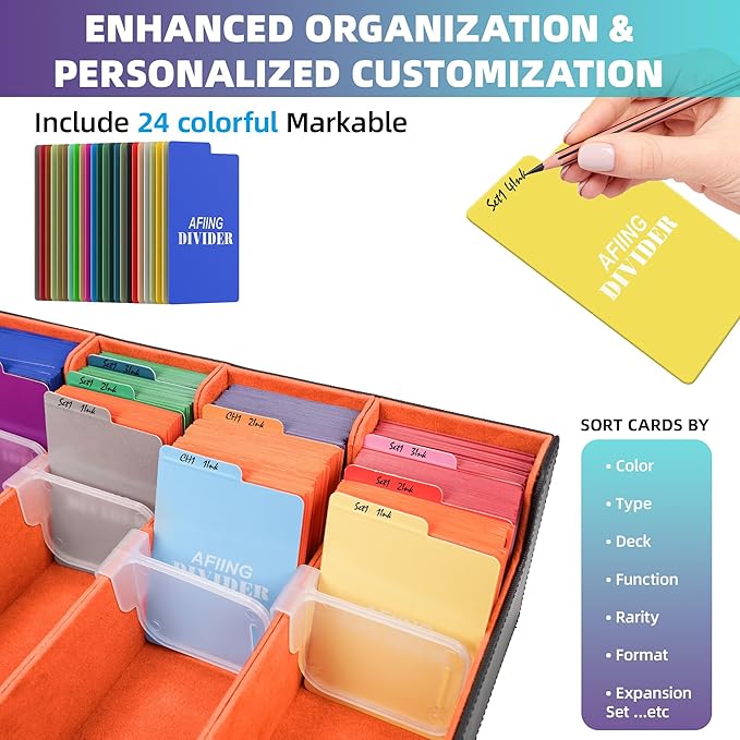 AFIING Trading Card Storage Box 6000+ Capacity – DIY Toploader Case w/ 24 Dividers & 8 Supports, Fits 3x4 Rigid Card, Deck Box for MTG TCG Sports Cards– Black & Orange