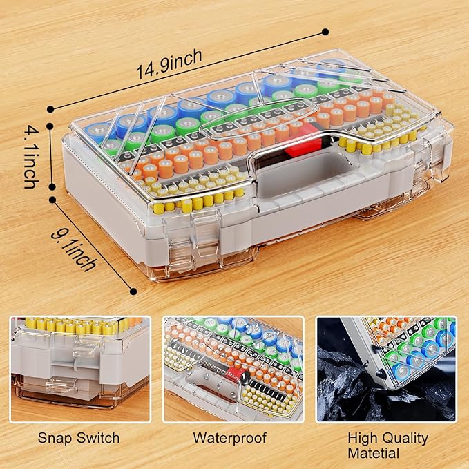 Battery Organizer Storage Holder Box Case with Tester, Stores & Protects Up to 285+ Batteries, Double-Sided and Durable Design,Holds AA AAA 4A C D Cell 9V 3V Lithium LR44 CR2 CR123 (Grey)