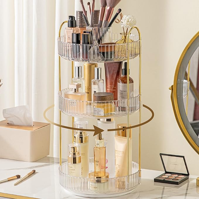 Aveniee 360° Rotating Makeup Organizer for Vanity, Perfume Skincare Bathroom Countertop Organizers, 3 Tier Spinning Skincare Storage with Brush Holder for Lipstick Cosmetic Lotion,White