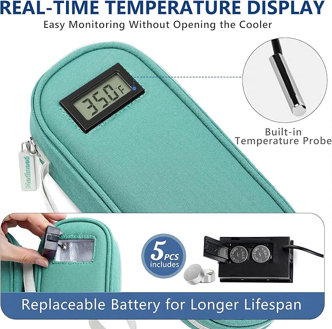 Insulin Cooler Travel Case TSA Approved with Temperature Display – Diabetic Medication Travel Case with 2 × 90g Ice Packs, Portable Medicine Organizer for 3–4 Insulin Pens and Diabetic Supplies(Green)